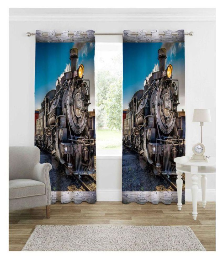     			indiancraft Single Long Door Semi-Transparent Eyelet Polyester Curtains Blue