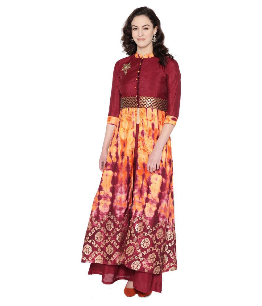 Cottinfab - Maroon Anarkali Silk Blend Women's Stitched Salwar Suit ( Pack of 1 )