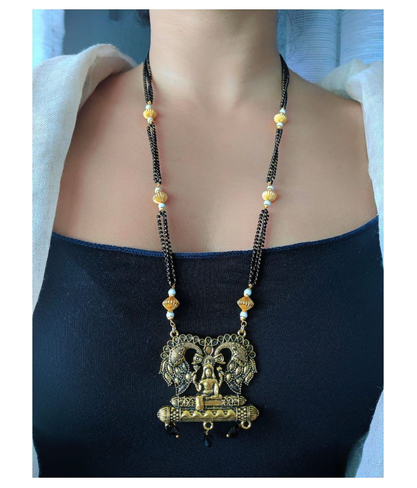     			Digital Jewellery Women's Pride Oxidized Laxmi Golden Alloy Mangalsutra with Earrings 29-inch Length Chain Traditional Gold Plated Black Beaded Double Layer Long Mangalsutra Set for Girls