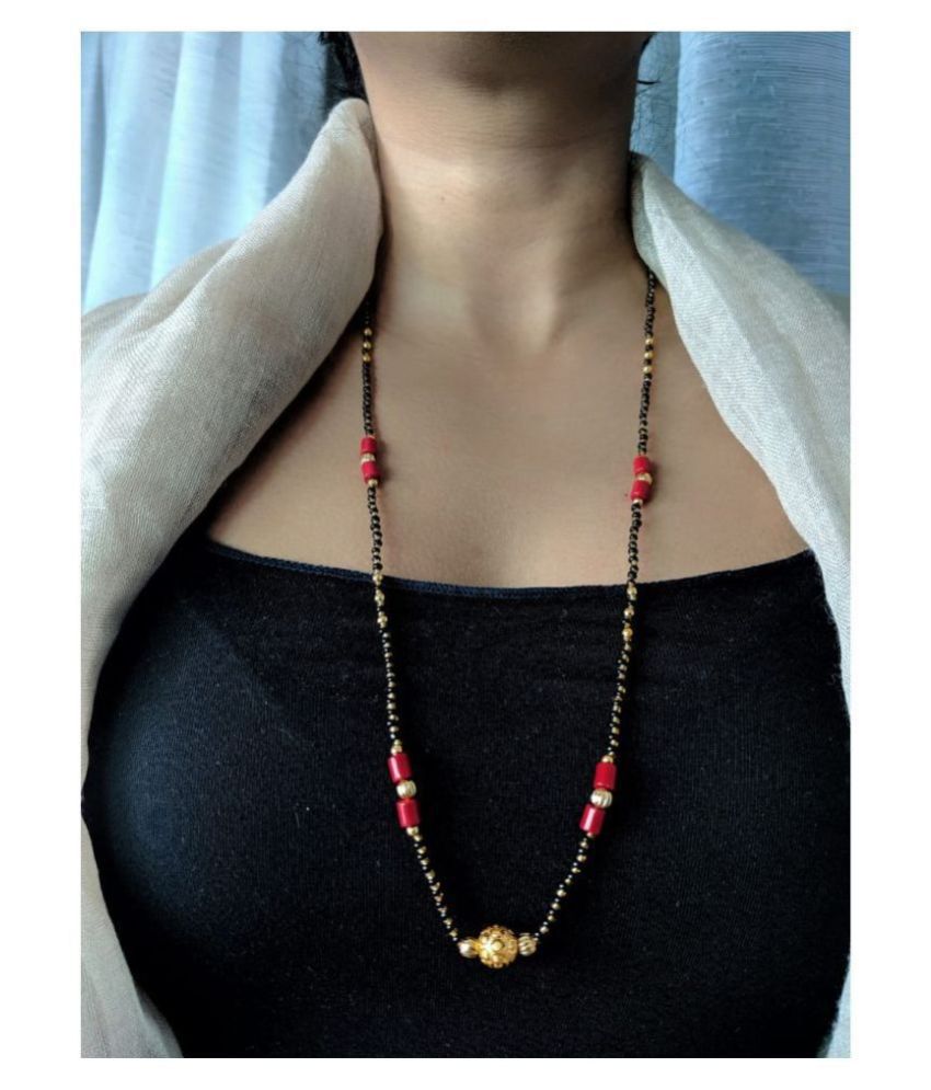     			Women's Pride Gold Plated Round Mani Pendant 28-Inches Length Mangalsutra Golden Red Black Beads Single Line Layer Long Chain Jewellery