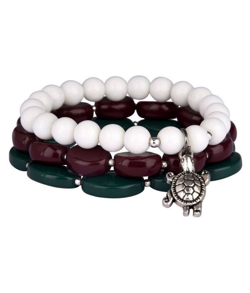    			Modern Fusion White Onyx Stone with Silver Platted Turtle & Maroon & Dark Green Oval Agate Stone Stretchable Bracelet for Womens & Girls