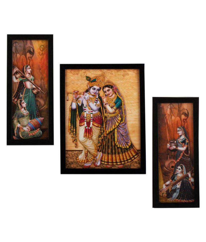 Indianara Set of 3 Radha Krishna Religious Synthetic Painting With Frame