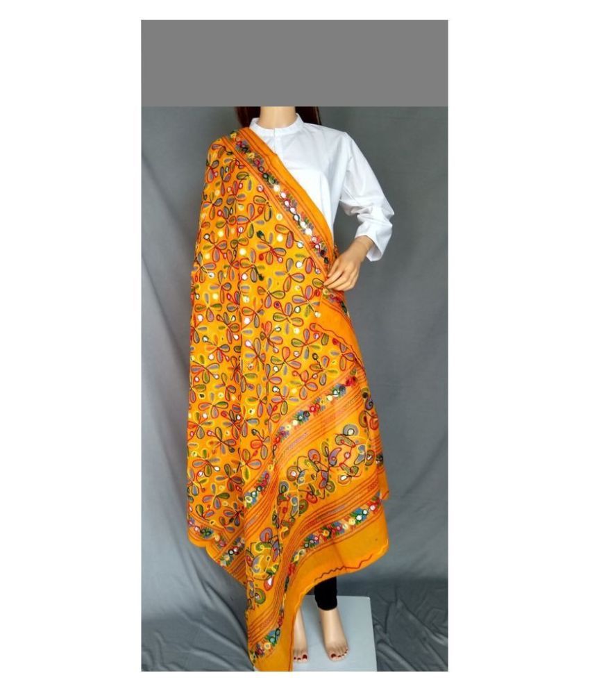     			Apratim Orange Cotton Kutch Embroidered Dupatta