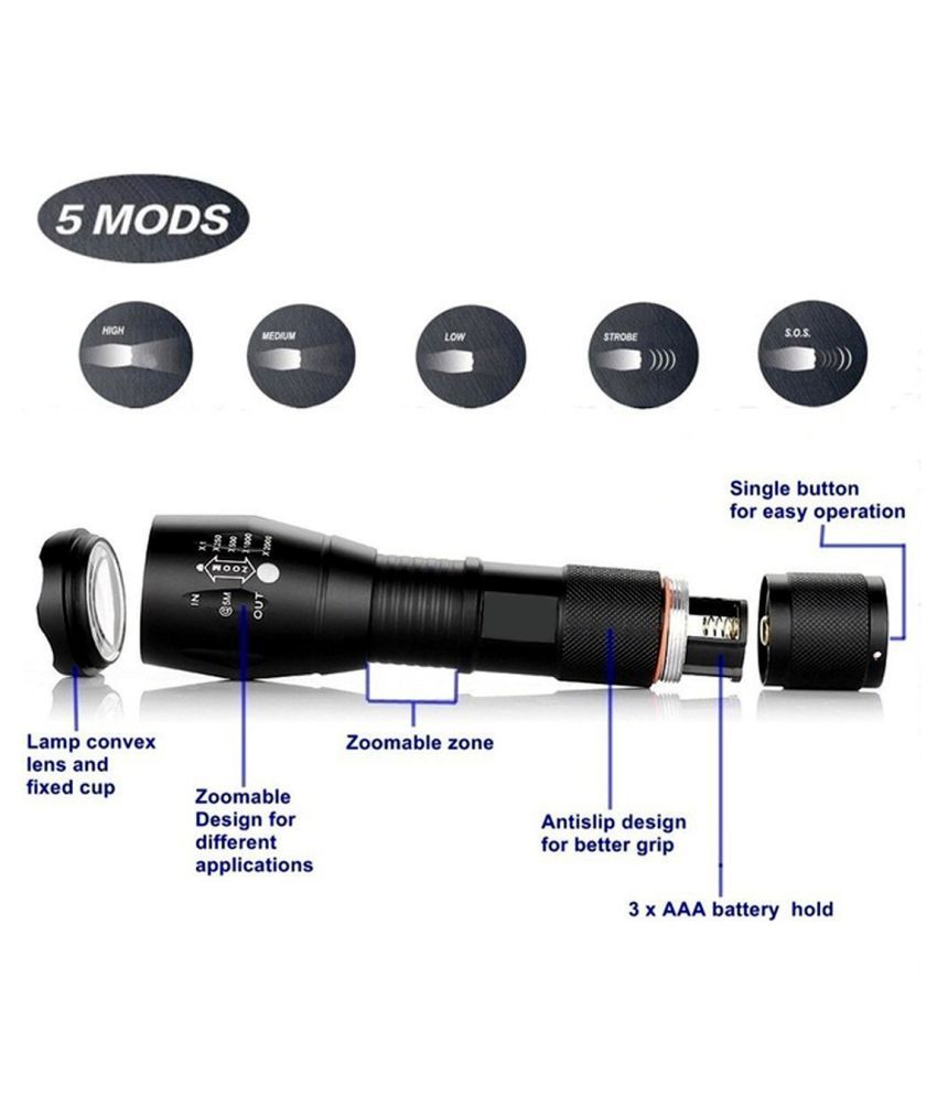 GLOBE SHOP 500M Range Zoomable 5 Mode Waterproof Rechargeable LED Metal ...