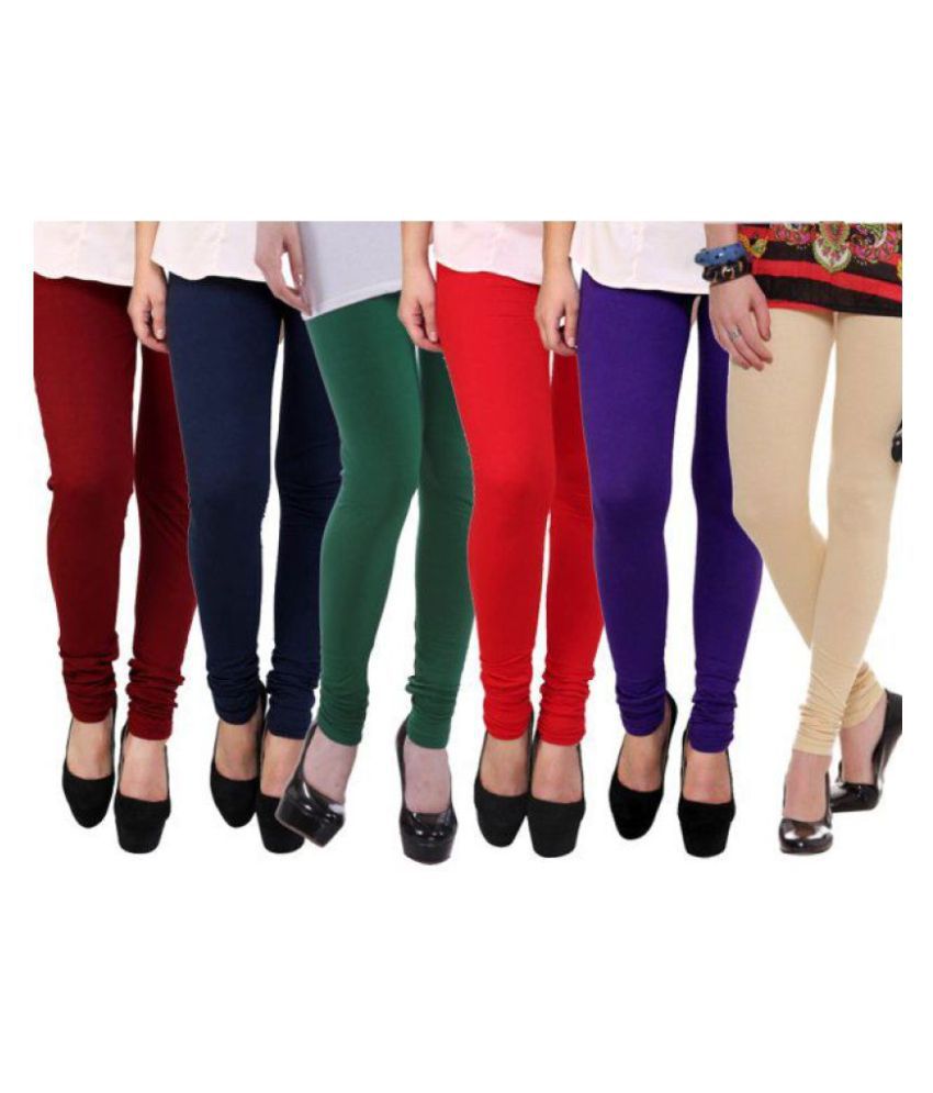     			FnMe Cotton Maroon, Blue, Green, Red, Purple, Beige Lycra Pack of 6 Leggings