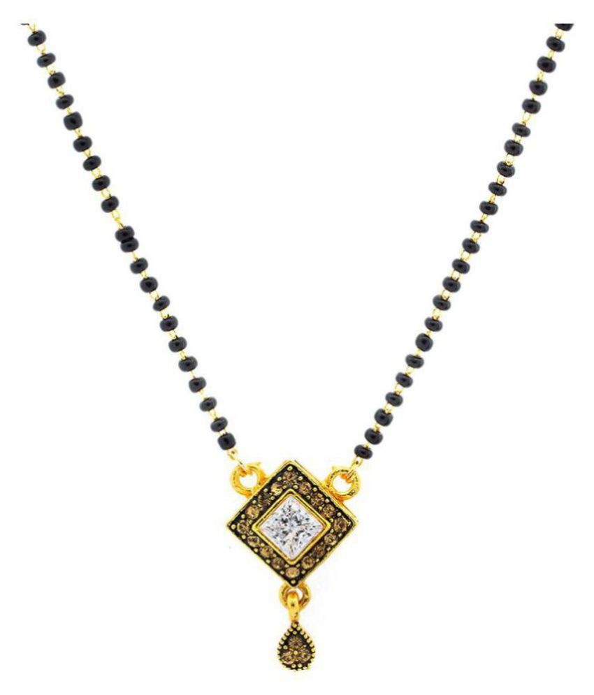     			Jewellery for Less 1g Gold Plated LCD & CZ Diamond Square Shape Mangalsutra with Black Beaded Chain for Women