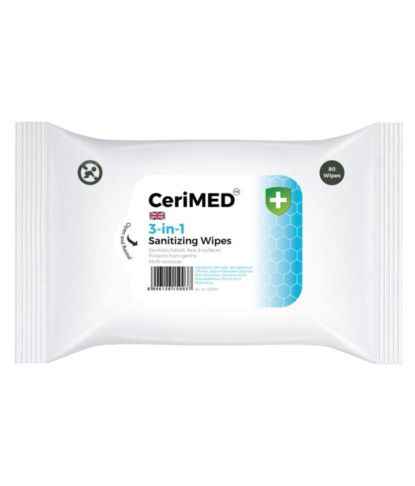 CERIMED 3 in 1 Sanitizing Wipes For Hands, Face & Surfaces Wet