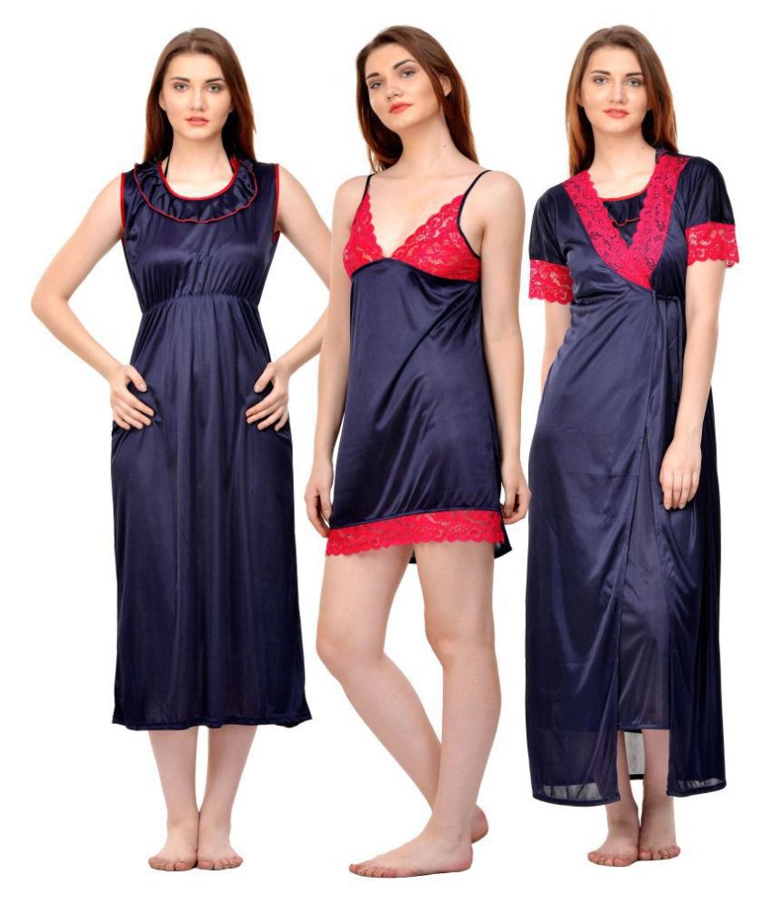 Buy Boosah Poly Satin Nighty & Night Gowns - Navy Online at Best Prices ...