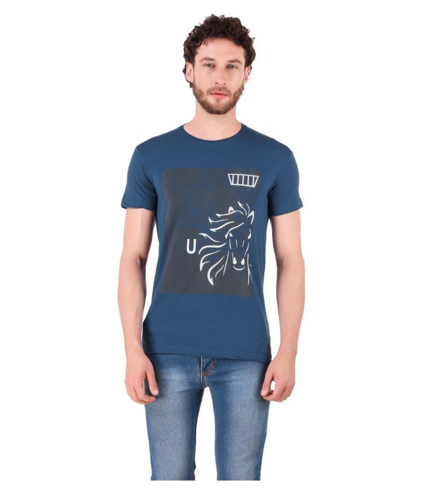     			URBAN COP Cotton Lycra Blue Printed T-Shirt