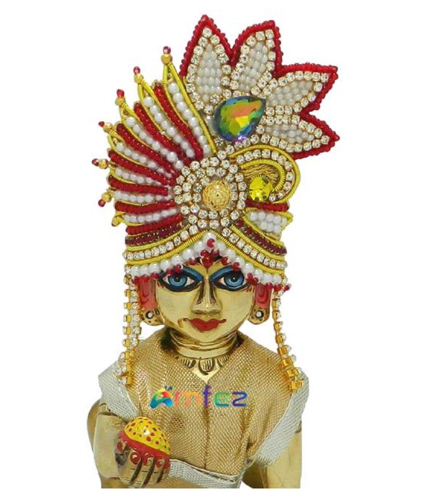 Amfez Laddu Gopal Mukut Red Golden Stone Pearl Handwork Zardozi Mukut Size 6 Buy Amfez Laddu 8929