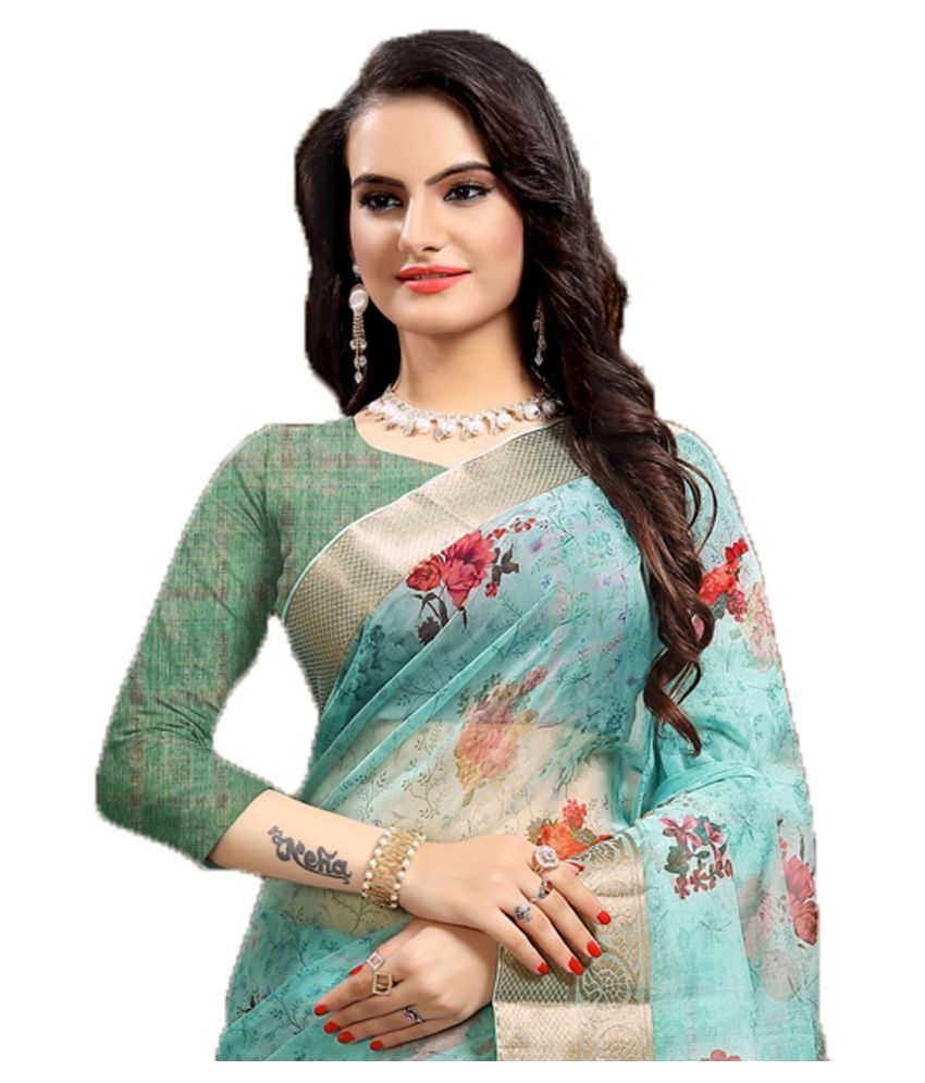 powder blue bead embroidered organza saree