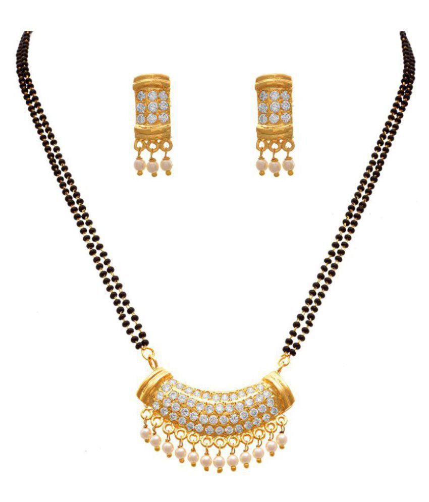     			JFL - Traditional Ethnic Fusion One Gram Gold Plated Cz American Diamond Designer Mangalsutra with Earrings and Double Black Beaded Chain for Women