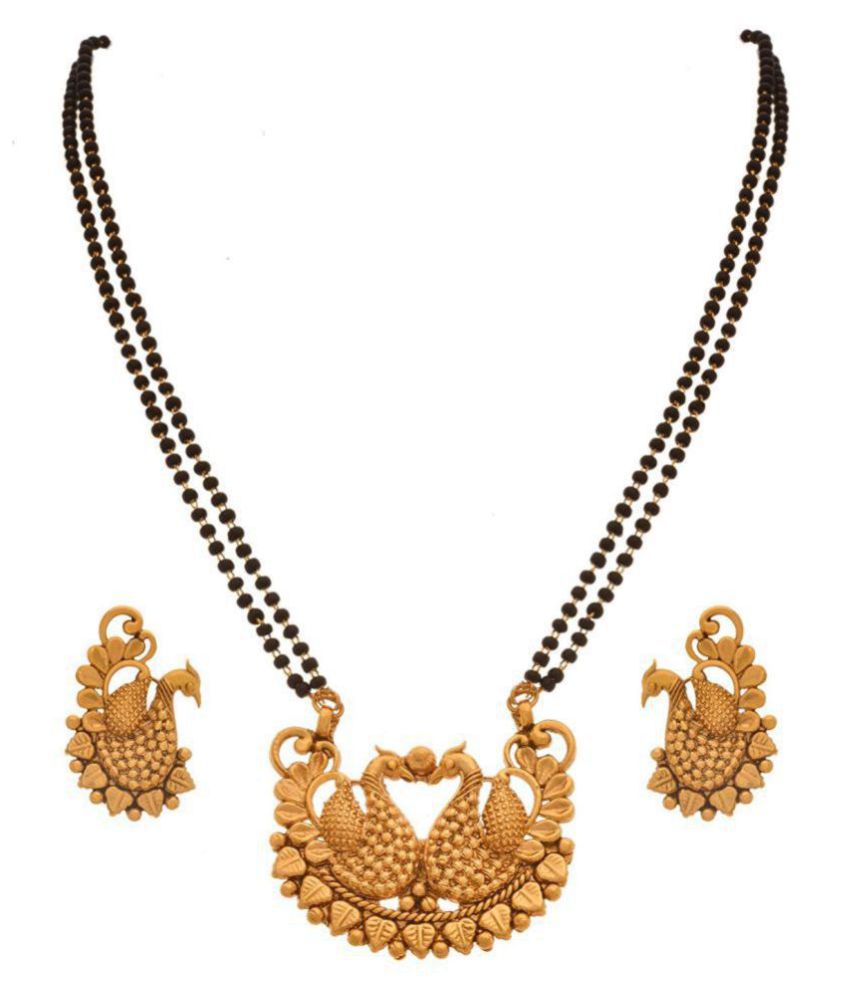     			JFL -Traditional Ethnic One Gram Gold Plated Dual Peacock Designer Mangalsutra with Double Black Beaded Chain for Women