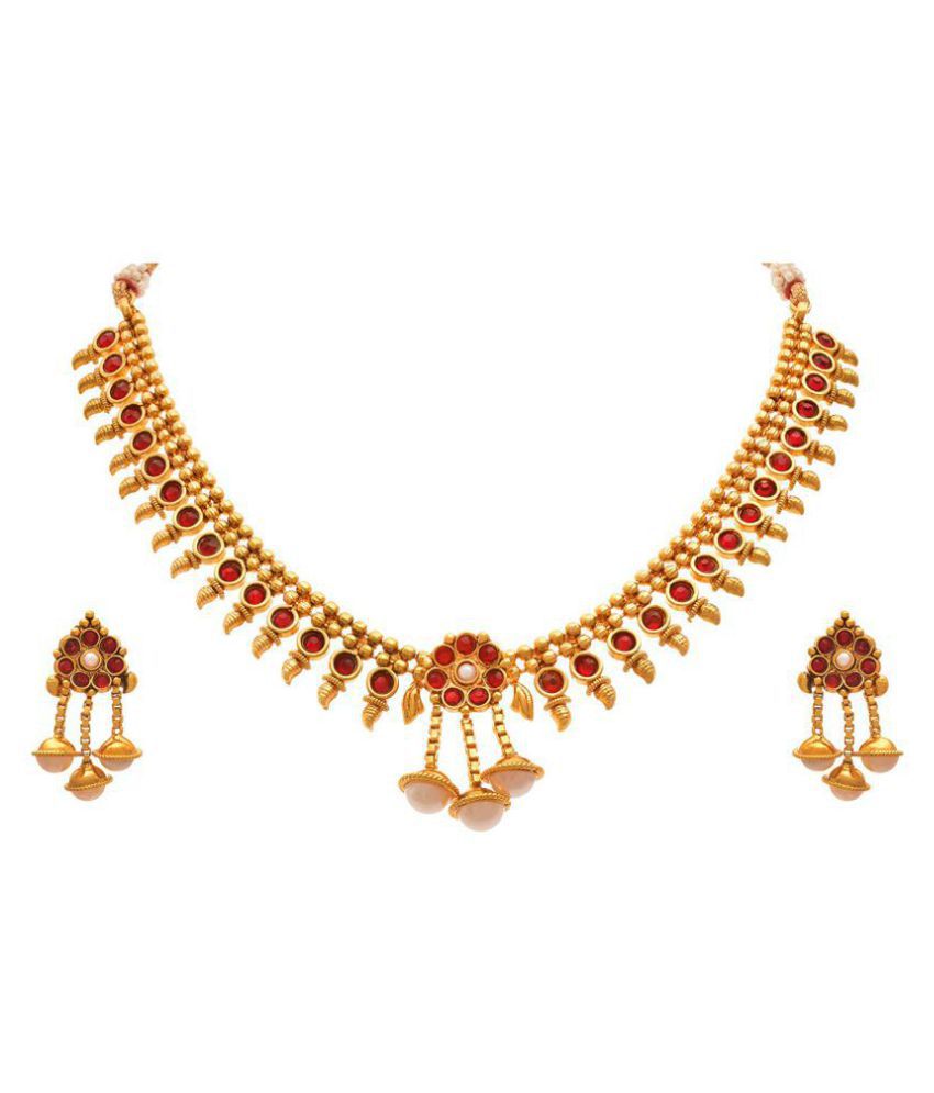     			JFL - Jewellery For Less Alloy Red Choker Traditional 22kt Gold Plated Necklaces Set