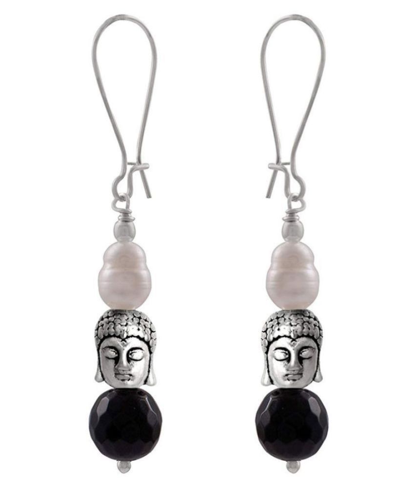     			German Silver Plated Oxidised Buddha, Semi Precious Pearl and Agate Bead Designer Earring for Girls and Women