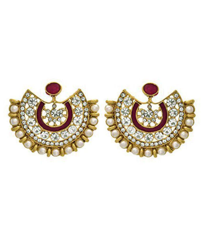     			JFL - Fusion Ethnic One Gram Gold Plated Austrian Diamond Pearl Pink Meenakari Designer Moon Earring for Women & Girls