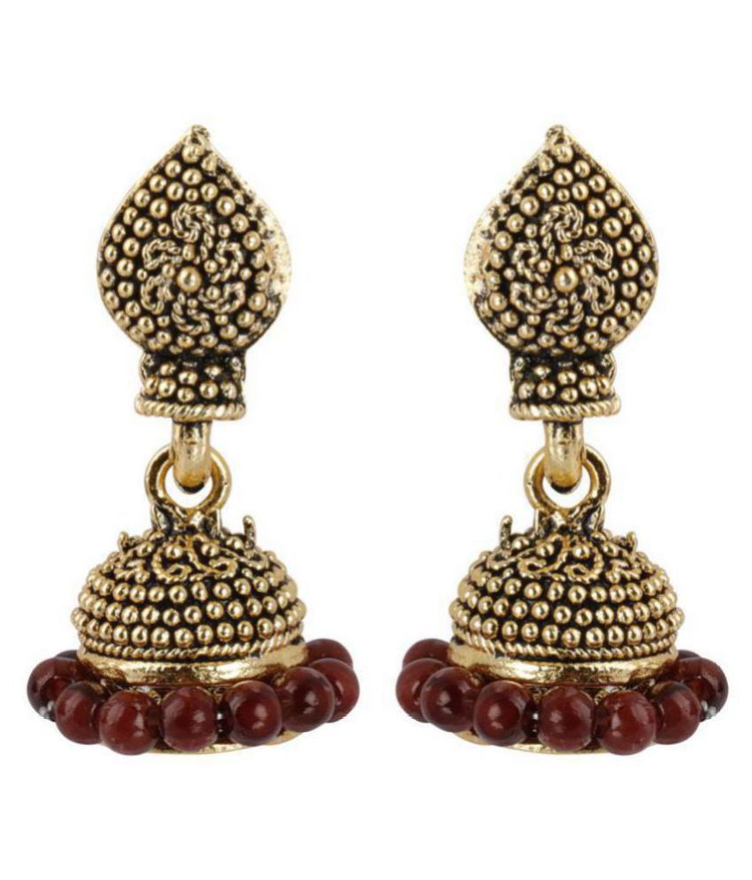     			Silver Shine Trendy Maroon Beads with Golden Dots  Jhumki Earrings .