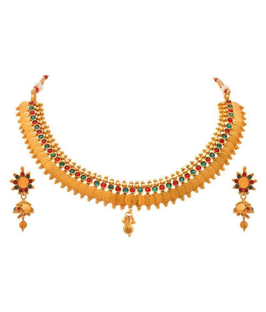     			JFL - Jewellery For Less Copper Multi Color Choker Traditional 22kt Gold Plated Necklaces Set