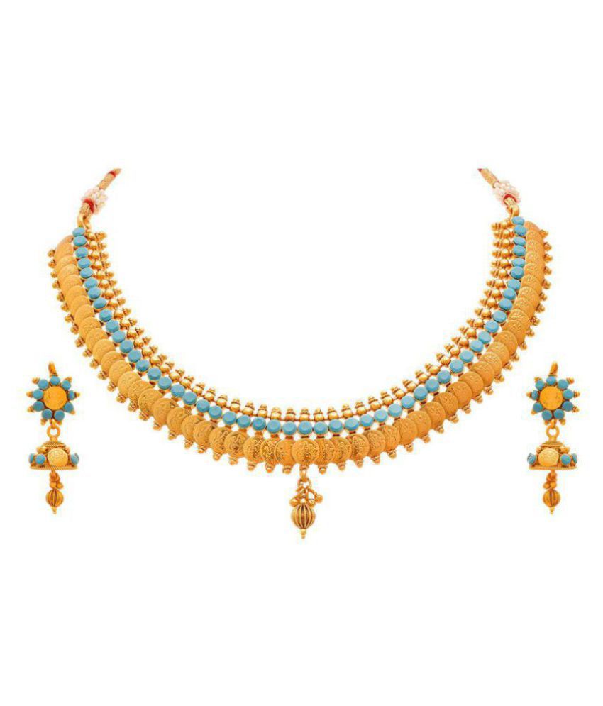     			JFL - Jewellery For Less Copper Turquoise Choker Traditional 22kt Gold Plated Necklaces Set