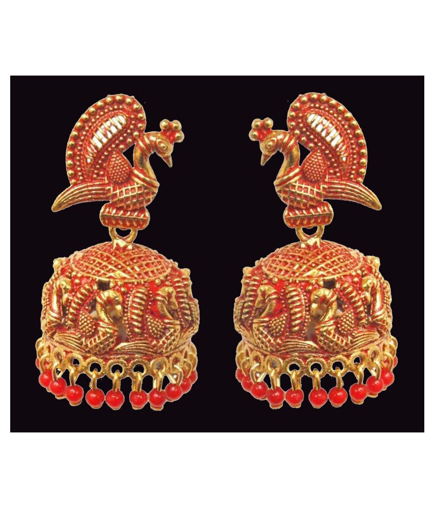     			Happy Stoning Peacock Inspired Gold Plated Red Beads Earrings