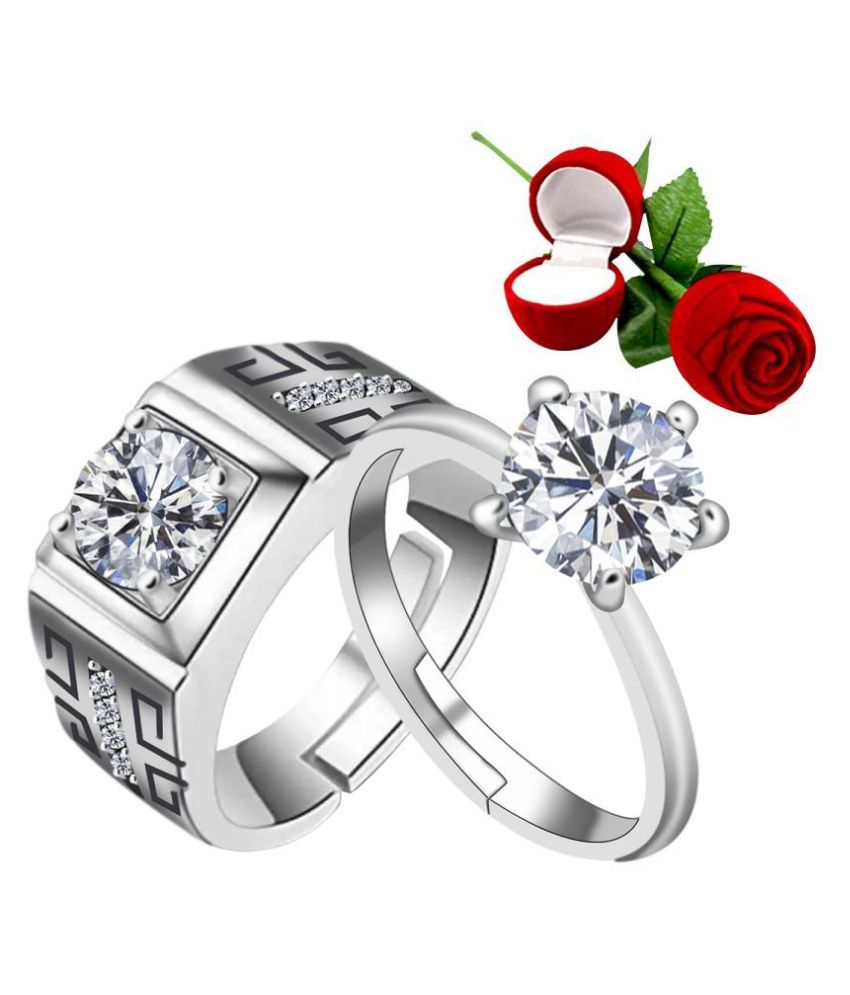     			Silver Shine Silver Plated Adjustable Couple Ring with 1 Piece Red Rose Gift Box for Men and Women