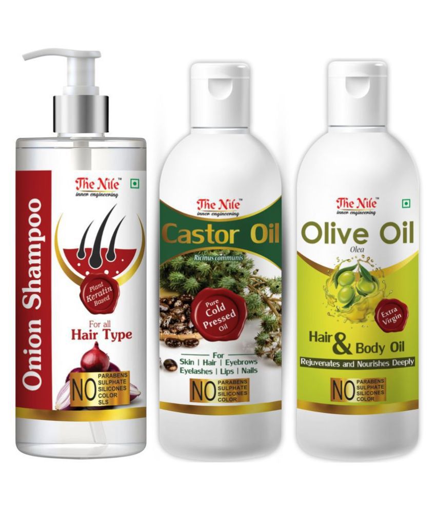     			The Nile Red Onion Shampoo 200 ML + Castor 100 ML + Olive Oil 100 ML  Shampoo 400 mL Pack of 3