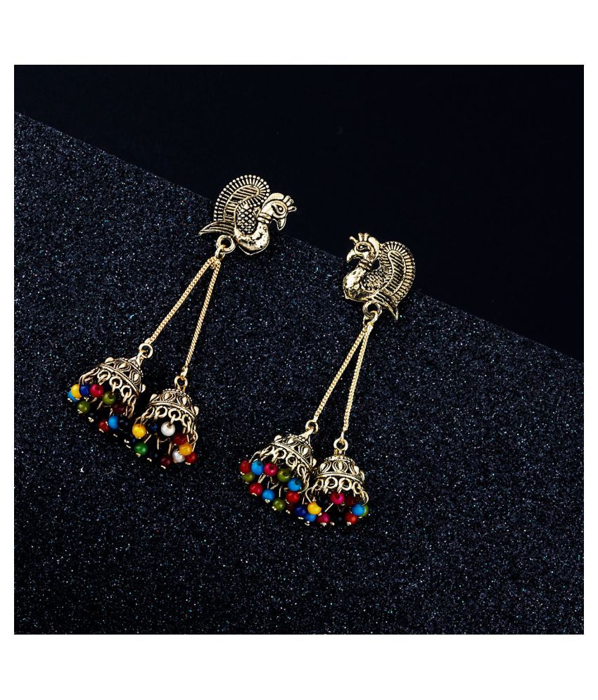     			Silver Shine Attractive Golden Peacock Tassel Jhumki Earrings for Women.