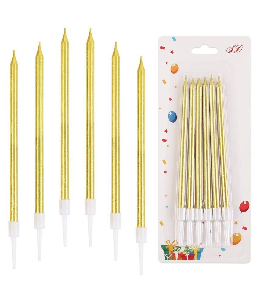 Gold Birthday Cake Candles, Slim Candle, Metallic Long Thin Cake Candle in Holder for Cupcake