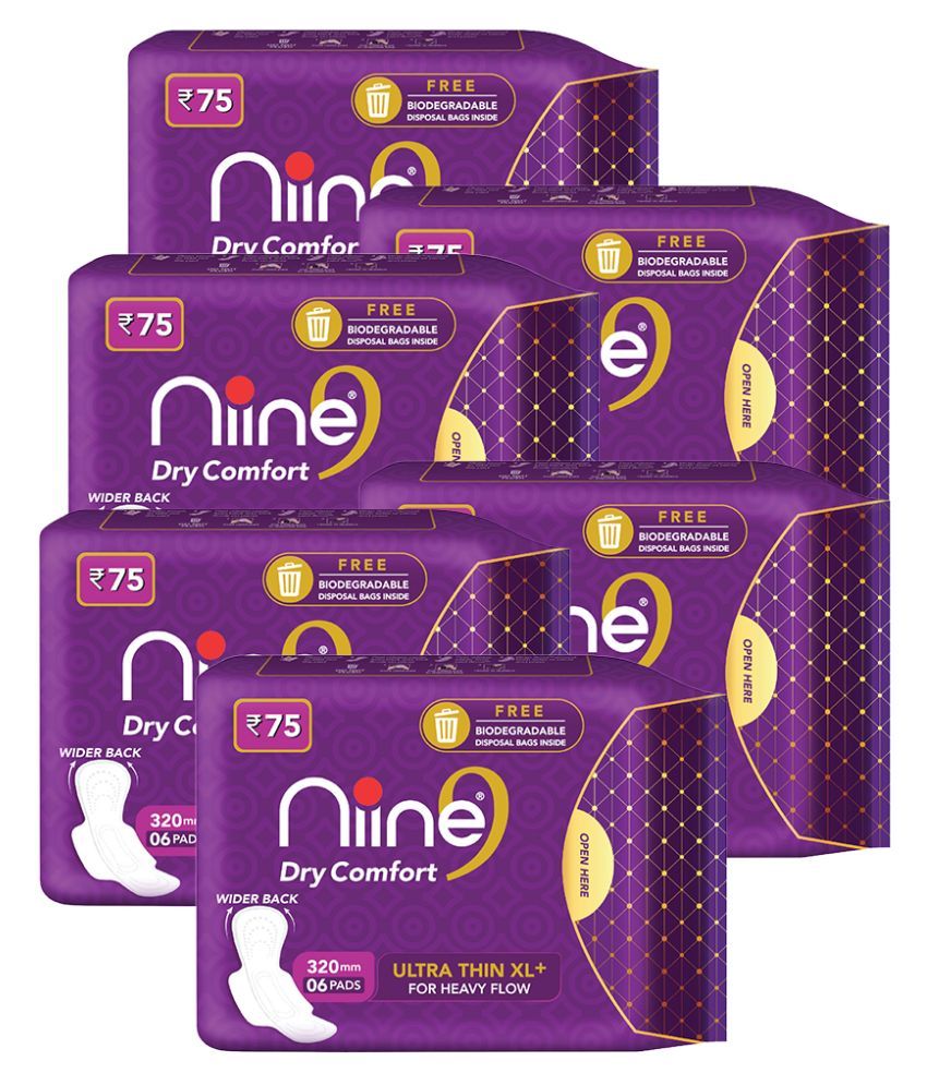     			Niine Dry Comfort Ultra Thin XL+ Sanitary Napkins for Heavy Flow (Pack of 6) 36 Pads with Free Biodegradable disposable bags