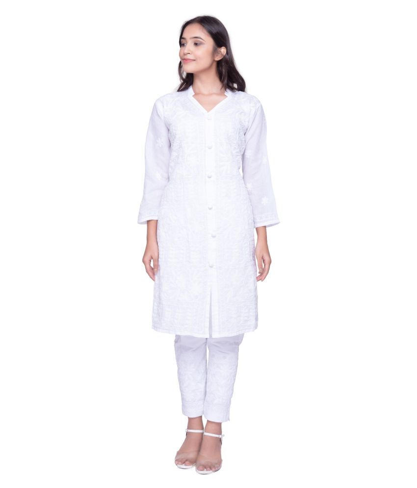 ISHIEQA's White Chikankari Cotton Kurti - MV0206D