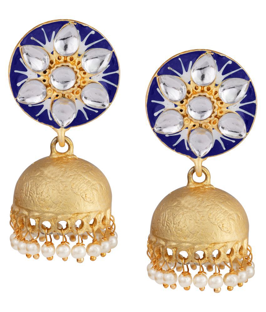    			JFL - Jewellery for Less Ethnic Gold Plated Floral Painted Meenakari Stone Studded Jhumki Earrings With Pearls For Women