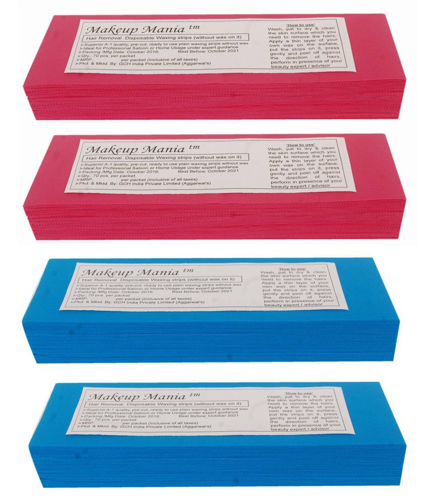 Makeup Mania Hair Removal Waxing Strips 280 Strips (4 Pkts x 70) Non-Woven Body Wax Strips (Red-Blue)