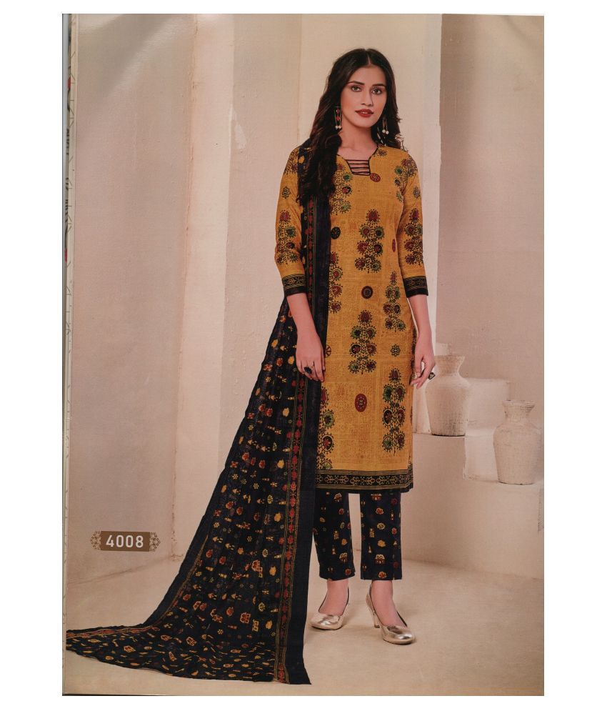 LAZRI UNSTITCHED COTTON DRESS MATERIALS Yellow,Black Cotton Unstitched