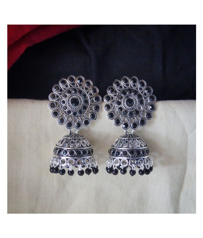 House of Earrings Oxidised Antique Silver Polish Jhumka Earrings For