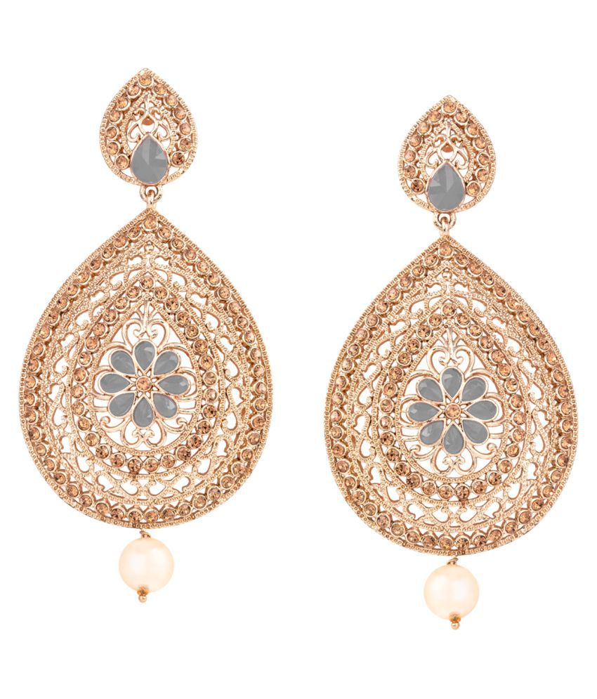     			Gold Plated Drop Shape Floral Design Stone And Diamond Studded Drop & Dangler Earrings For Women and Girls