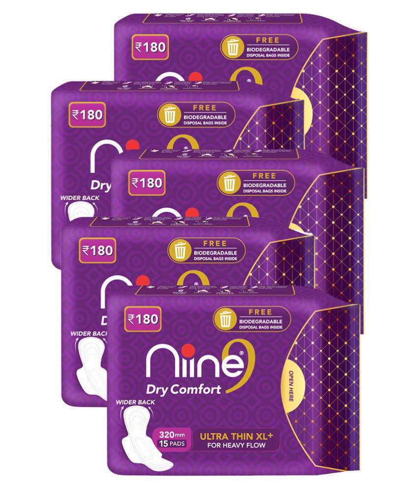     			Niine Dry Comfort Ultra Thin XL+ Sanitary Napkins for Heavy Flow (Pack of 5) 75 Pads with Free Biodegradable disposable bags