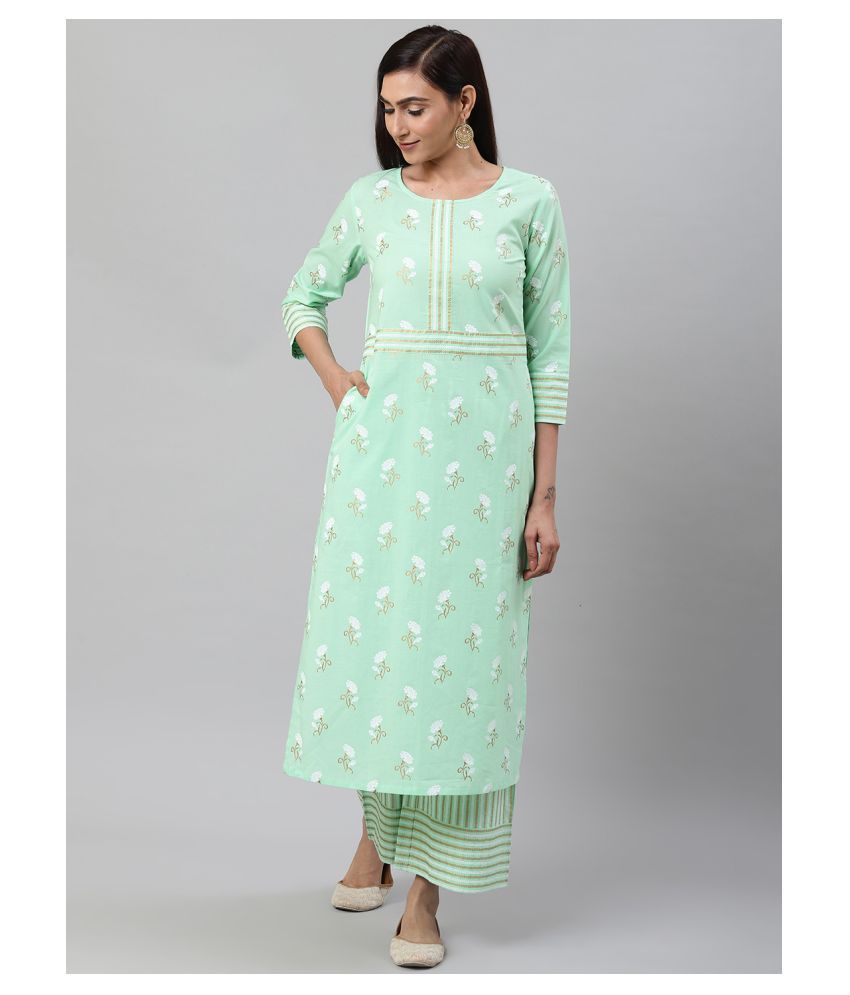     			Yash Gallery Cotton Printed Kurti With Palazzo Women's Stitched Salwar Suit - Green ( Pack of 1 )