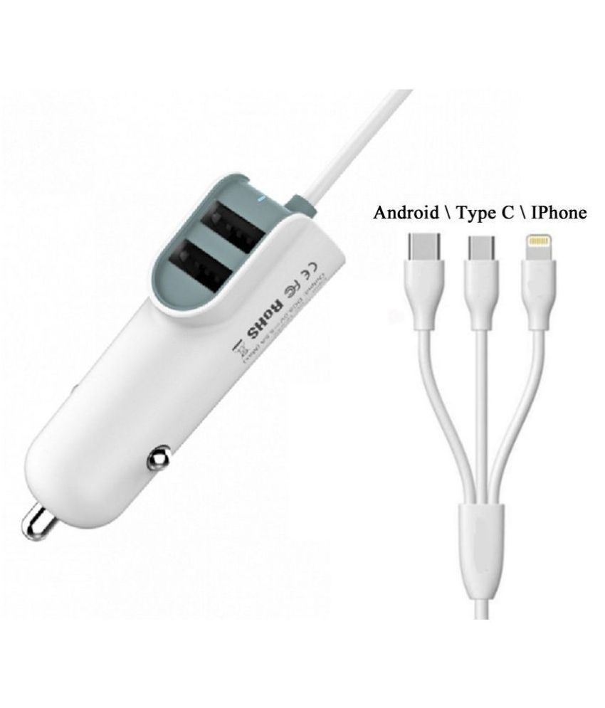 ALL in 1 – 5.5 Amps Dual USB Car Charger with cable amp; 3in1 connector jacks for Android, IPhone amp; Type C – Silver*