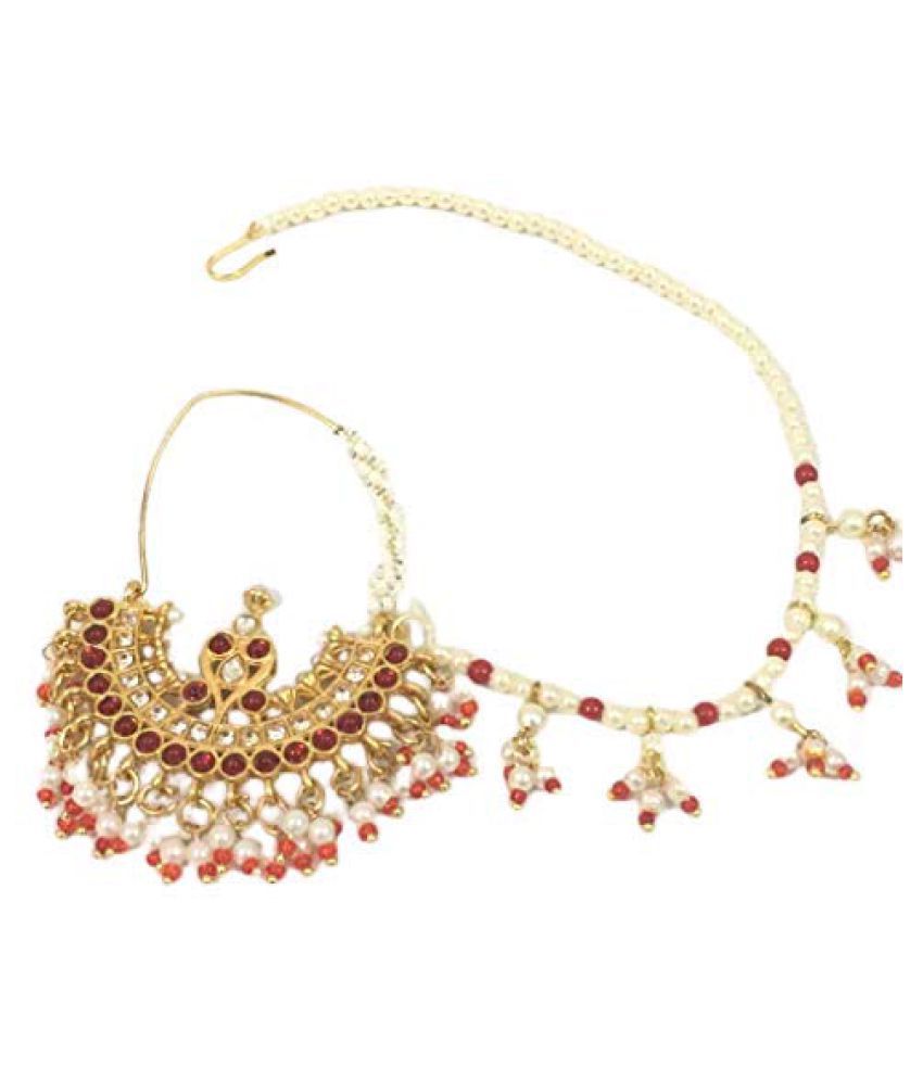Red Rajasthani Look Gold Plated Beautiful Nathiya With Moti Chain for ...