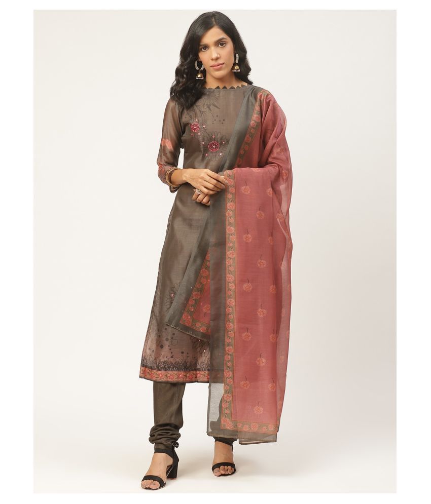     			Aarrah Grey Chanderi Unstitched Dress Material