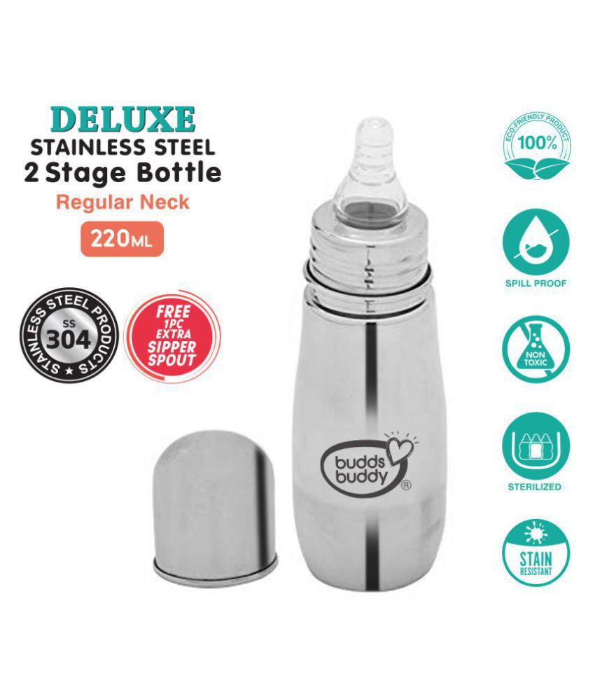 Buddsbuddy Deluxe Stainless Steel Regular Neck Feeding Bottle with Extra Spout Sipper 220ml