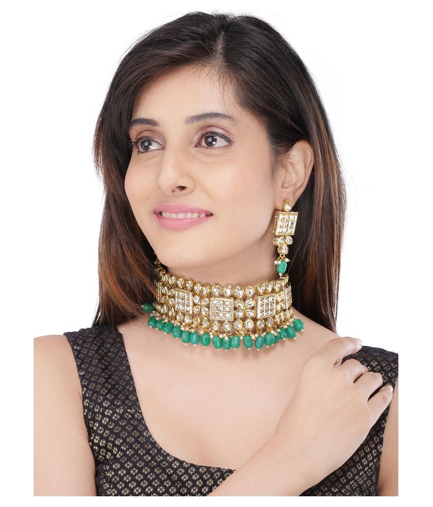     			Asmitta Jewellery Zinc Green Choker Traditional Gold Plated Necklaces Set