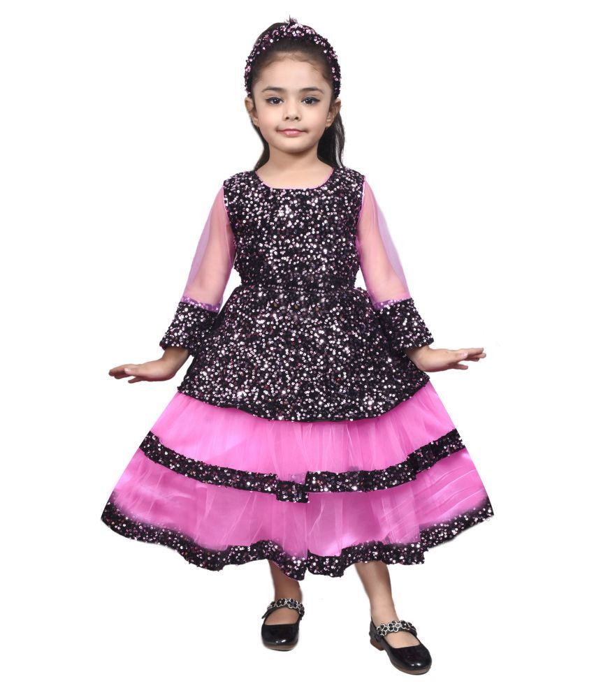     			Sky Heights - Pink Velvet Girl's Tiered Dress ( Pack of 1 )