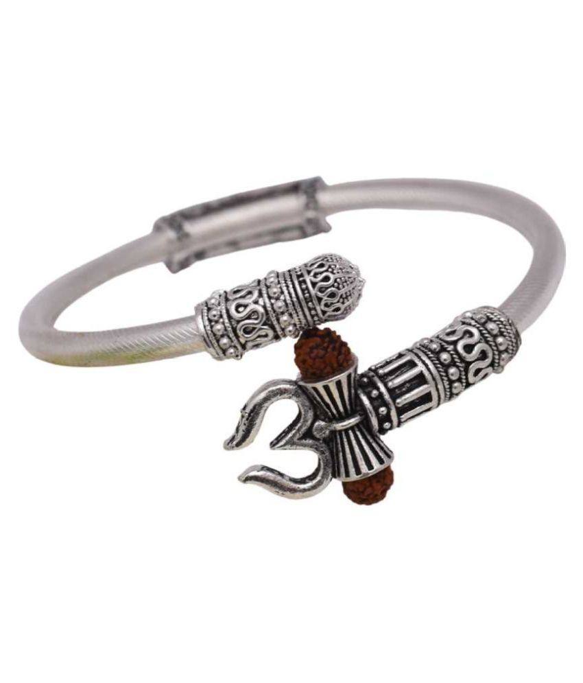     			Spiritual One Sided OM Namah Shivay Trishul Damru Rudraksha Silver Wrist Kada Cuff Bracelet For Men & Women