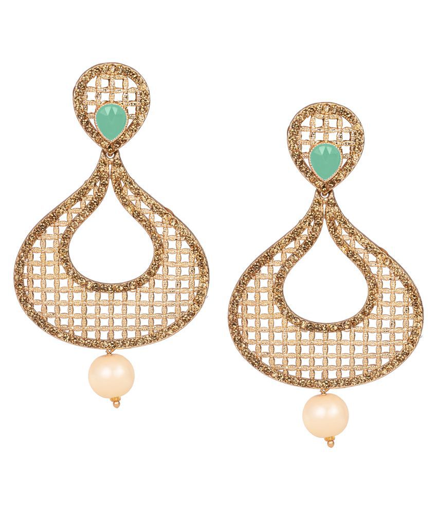     			Gold Plated Jali Pattern Color Stone and LCD Diamond Studded Drop & Dangler Earrings for Women and Girls