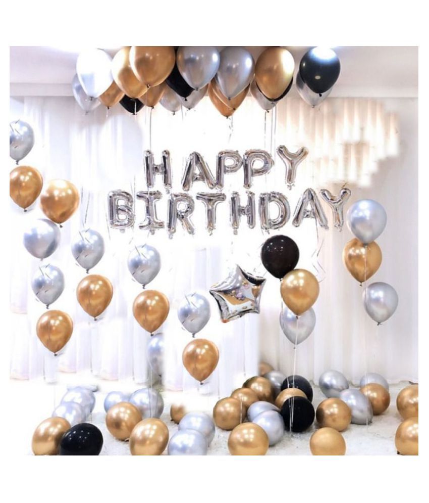     			Pixelfox Happy Birthday Letter Foil Balloon Set of Silver + Pack of 30 HD Metallic Balloons (Gold, Black and Silver) + 1 Silver Star (10 inch)