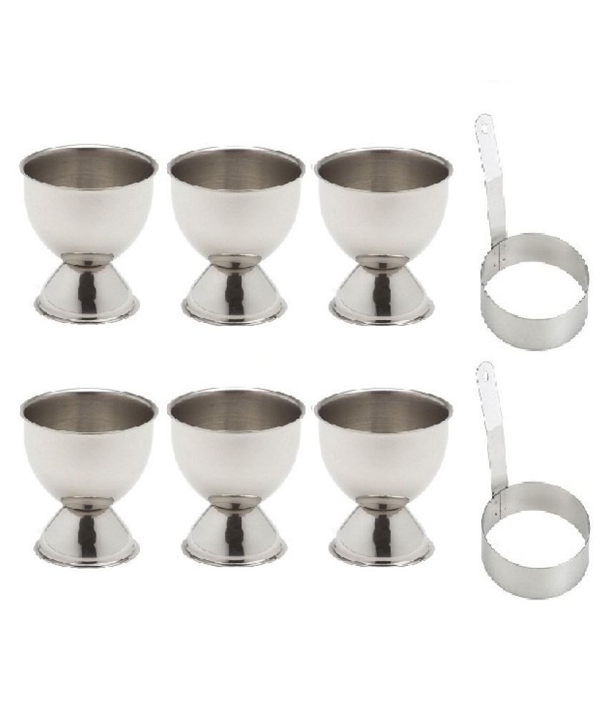     			Stainless Steel Set of 2 Round Egg Ring with Handle and Set of 6 Egg Cups