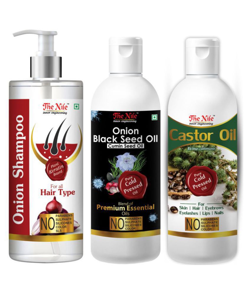     			The Nile Red Onion Shampoo 200 ML + Onion Black Seed 100 ML + Castor Oil 100 ML  Shampoo 400 mL Pack of 3
