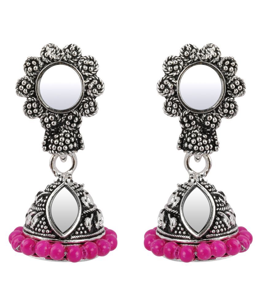     			SILVER SHINE  Elegant Pink Mirror with Beads Jhumki Earrings