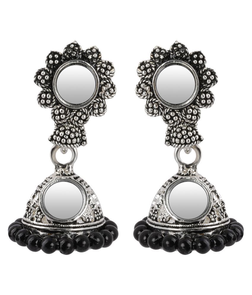     			SILVER SHINE  Spunky Green Mirror with Beads Jhumki Earrings